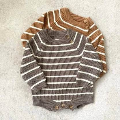 長袖ロンパース ベビーロンパース レトロボーダーニット長袖ボディスーツ【mh0007958】