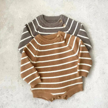 長袖ロンパース ベビーロンパース レトロボーダーニット長袖ボディスーツ【mh0007958】