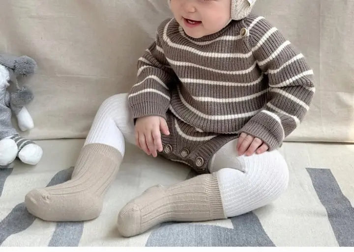 長袖ロンパース ベビーロンパース レトロボーダーニット長袖ボディスーツ【mh0007958】