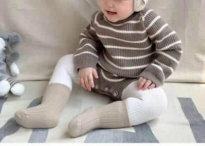 長袖ロンパース ベビーロンパース レトロボーダーニット長袖ボディスーツ【mh0007958】