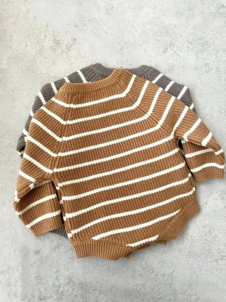 長袖ロンパース ベビーロンパース レトロボーダーニット長袖ボディスーツ【mh0007958】