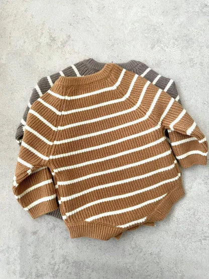 長袖ロンパース ベビーロンパース レトロボーダーニット長袖ボディスーツ【mh0007958】