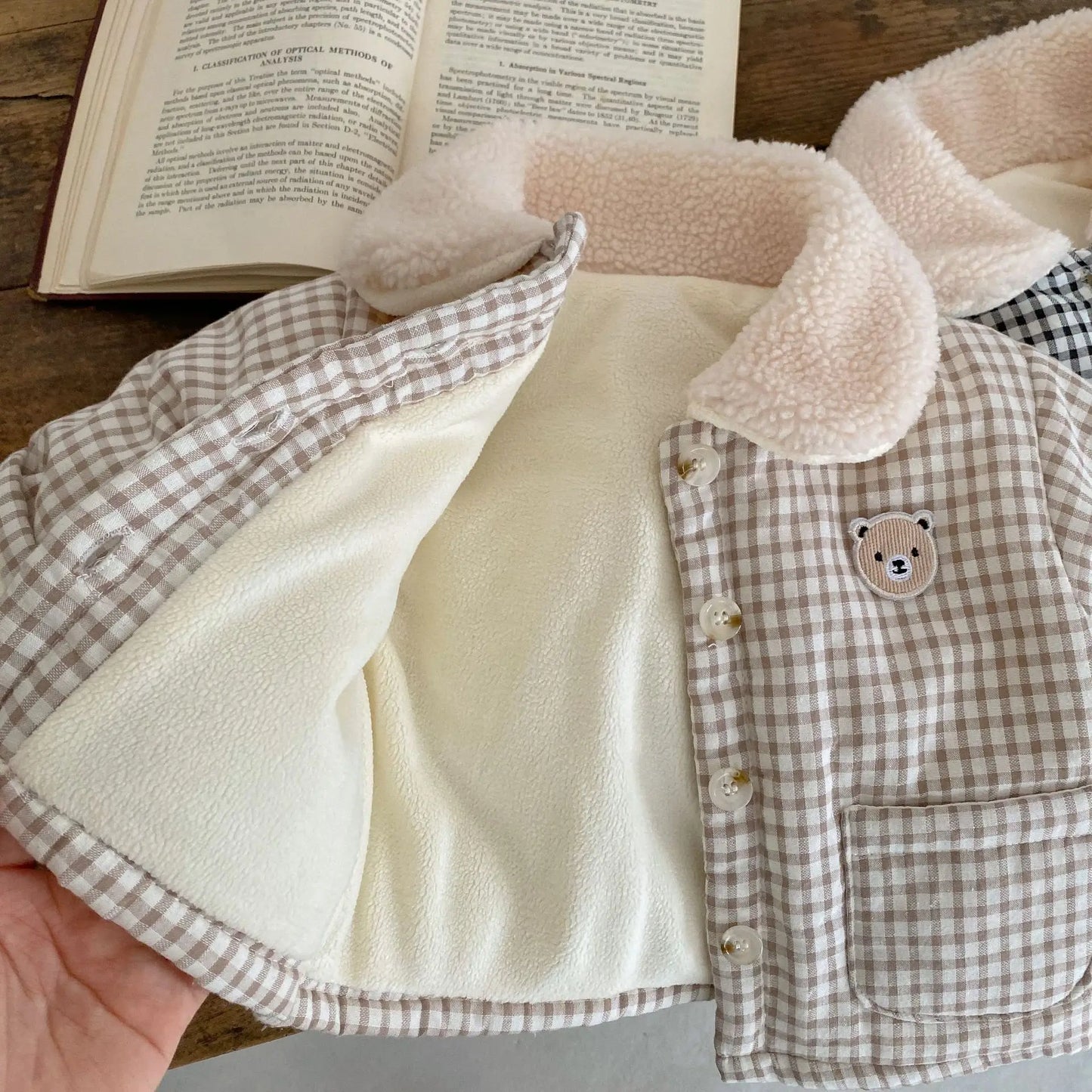 ショートコート・ジャケット・ジャンパー ベビーアウター チェックベアくまワンポイント裏フリースパデッド襟付きジャケットコート【mh0007977】