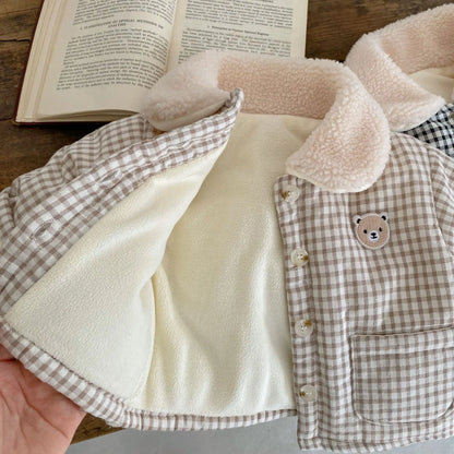 ショートコート・ジャケット・ジャンパー ベビーアウター チェックベアくまワンポイント裏フリースパデッド襟付きジャケットコート【mh0007977】