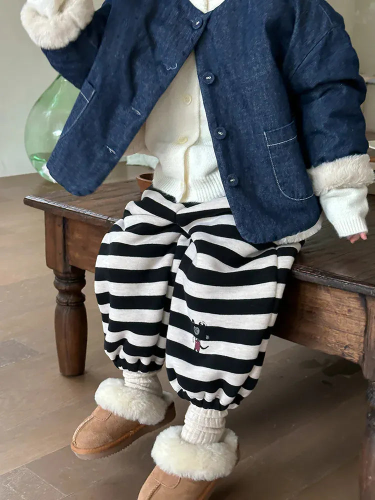 ロングパンツ・スウェットパンツ キッズパンツ ボーダー裏ボアフリース厚手スウェットパンツ【mh0007995】