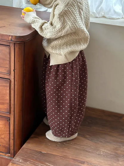 ロングパンツ・スウェットパンツ キッズパンツ 水玉ドットプリント裏フリース厚手ロングパンツ【mh0007996】