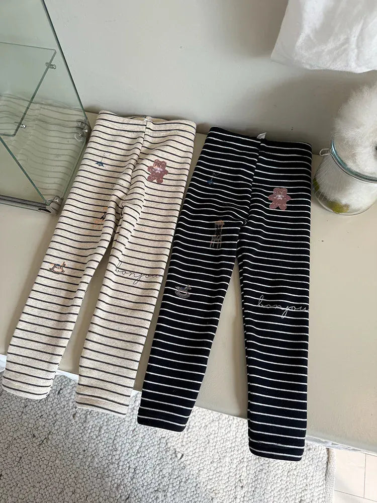 レギンスパンツ キッズパンツ ボーダーベアくまプリント裏フリース厚手レギンスパンツ【mh0008000】