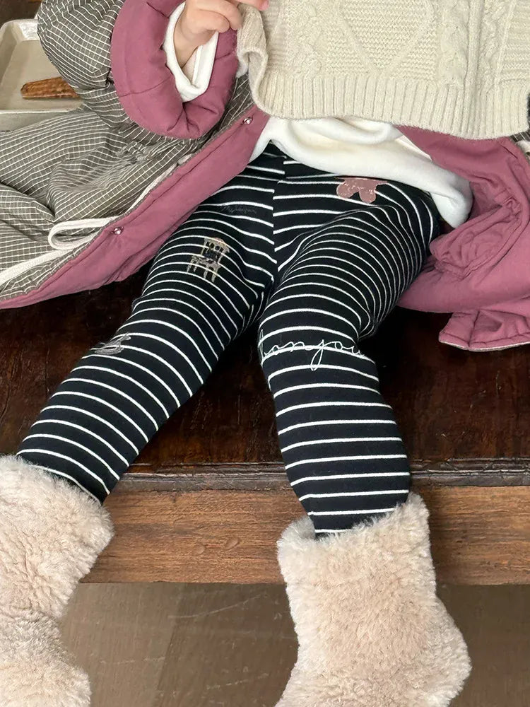 レギンスパンツ キッズパンツ ボーダーベアくまプリント裏フリース厚手レギンスパンツ【mh0008000】