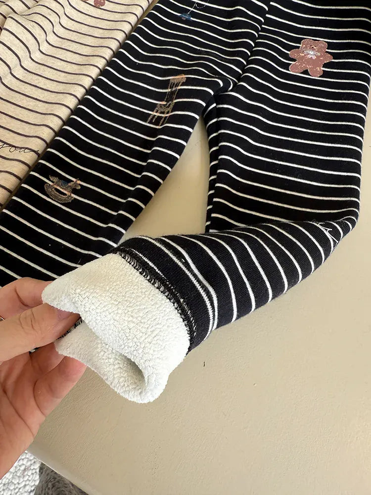 レギンスパンツ キッズパンツ ボーダーベアくまプリント裏フリース厚手レギンスパンツ【mh0008000】