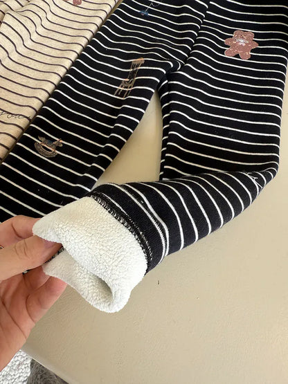 レギンスパンツ キッズパンツ ボーダーベアくまプリント裏フリース厚手レギンスパンツ【mh0008000】