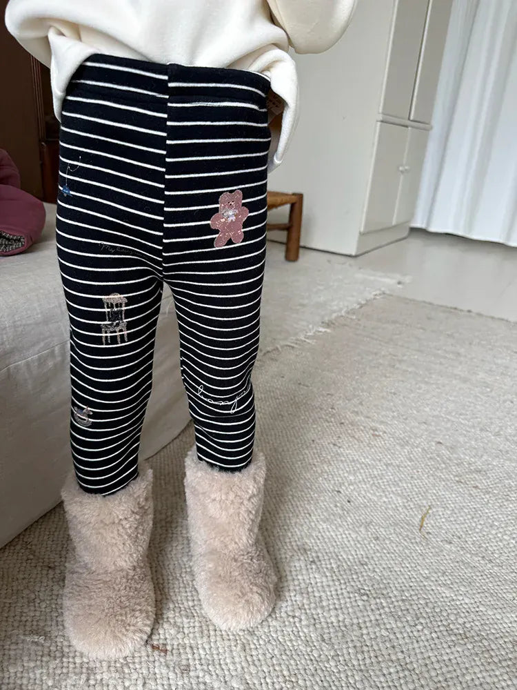 レギンスパンツ キッズパンツ ボーダーベアくまプリント裏フリース厚手レギンスパンツ【mh0008000】