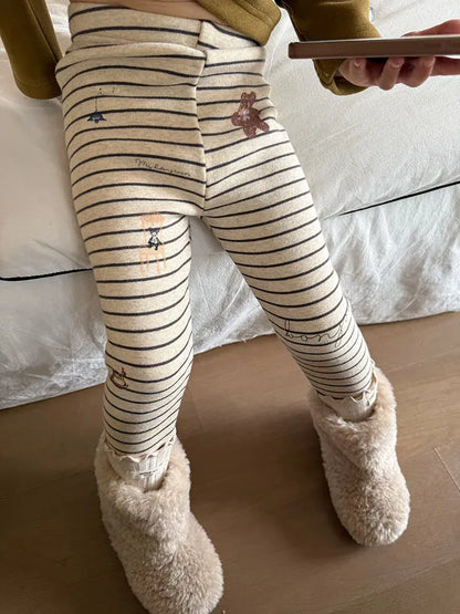 レギンスパンツ キッズパンツ ボーダーベアくまプリント裏フリース厚手レギンスパンツ【mh0008000】