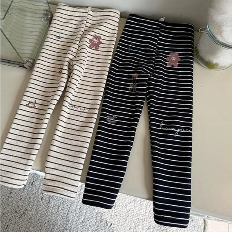 レギンスパンツ キッズパンツ ボーダーベアくまプリント裏フリース厚手レギンスパンツ【mh0008000】