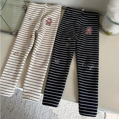 レギンスパンツ キッズパンツ ボーダーベアくまプリント裏フリース厚手レギンスパンツ【mh0008000】