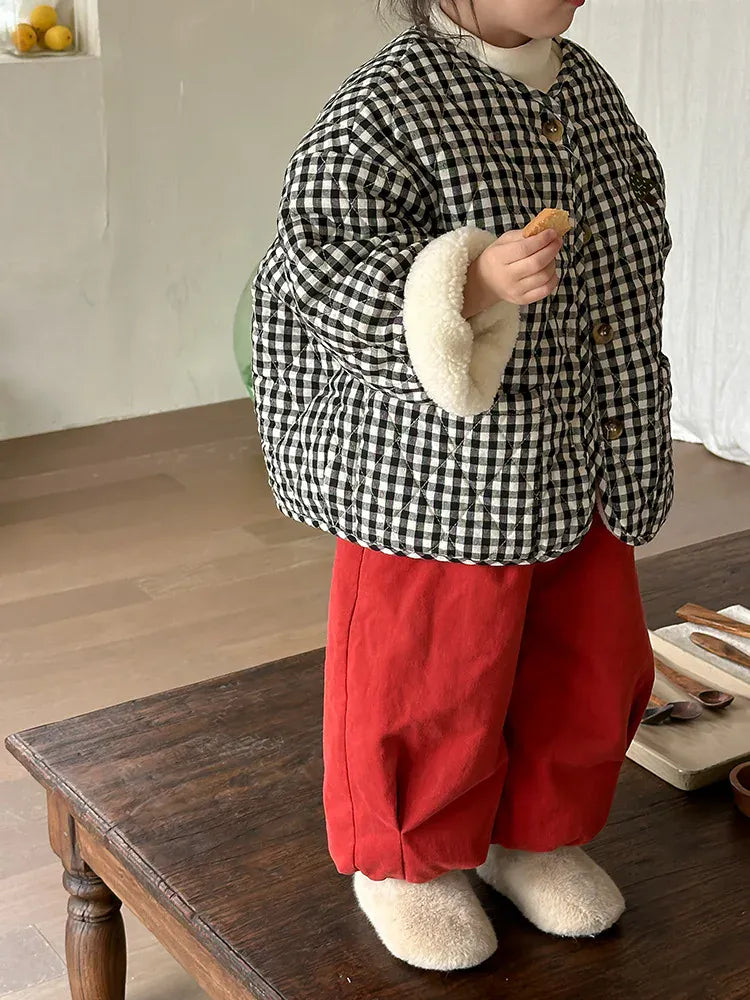 ショートコート・ジャケット・ジャンパー キッズアウター チェック裏ボアフリースパデッドノーカラージャケットコート【mh0008002】