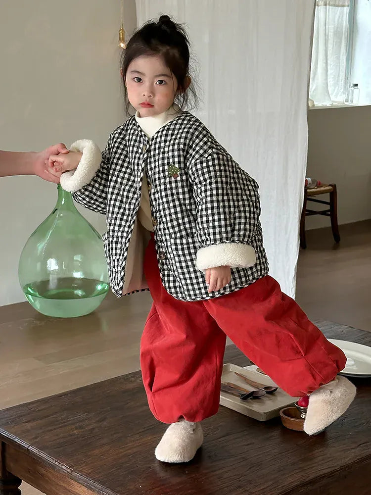 ショートコート・ジャケット・ジャンパー キッズアウター チェック裏ボアフリースパデッドノーカラージャケットコート【mh0008002】