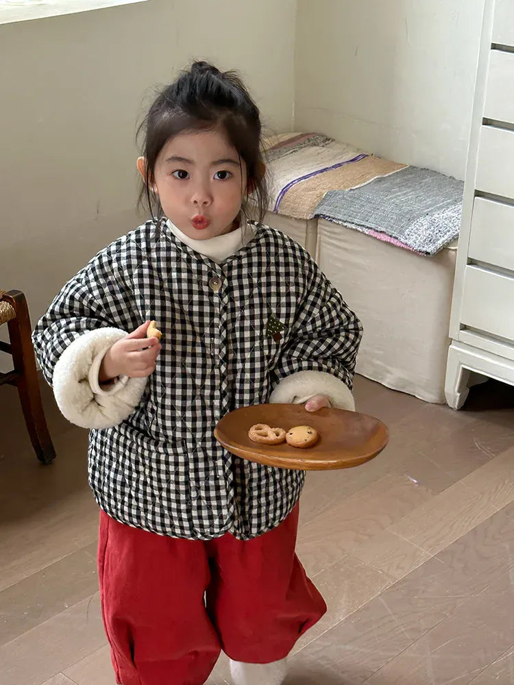 ショートコート・ジャケット・ジャンパー キッズアウター チェック裏ボアフリースパデッドノーカラージャケットコート【mh0008002】