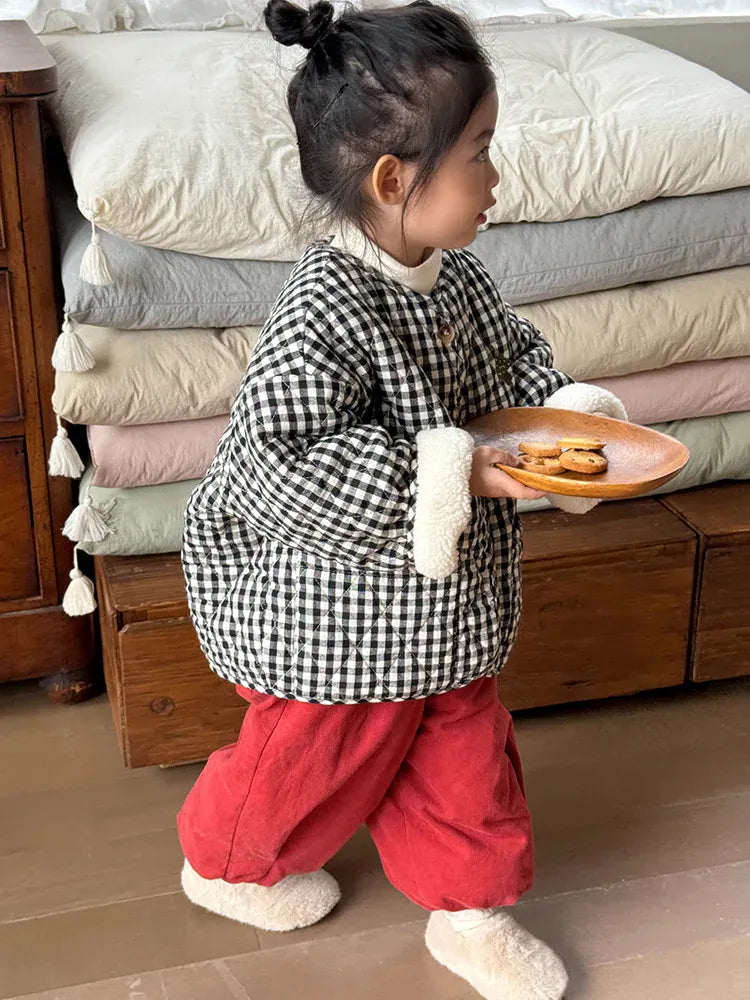 ショートコート・ジャケット・ジャンパー キッズアウター チェック裏ボアフリースパデッドノーカラージャケットコート【mh0008002】