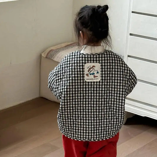 ショートコート・ジャケット・ジャンパー キッズアウター チェック裏ボアフリースパデッドノーカラージャケットコート【mh0008002】