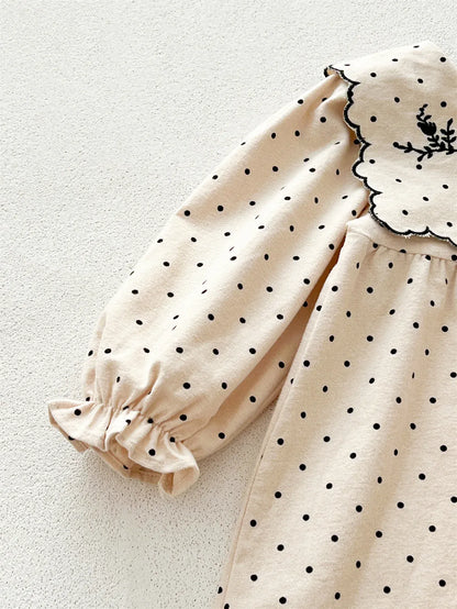 長袖ワンピース キッズワンピース フラワー刺繍水玉ドットビッグラペル長袖ワンピース【mh0008020】