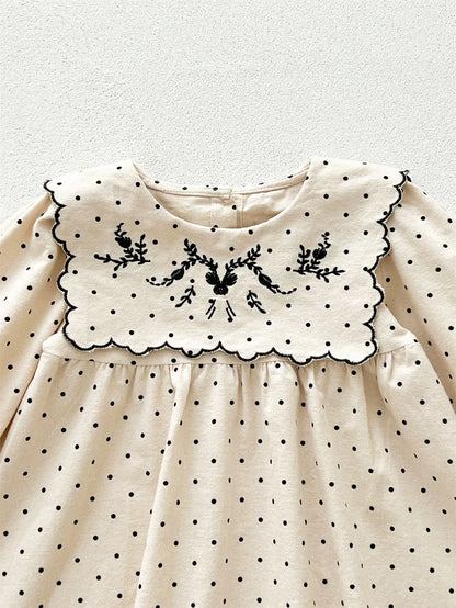 長袖ワンピース キッズワンピース フラワー刺繍水玉ドットビッグラペル長袖ワンピース【mh0008020】