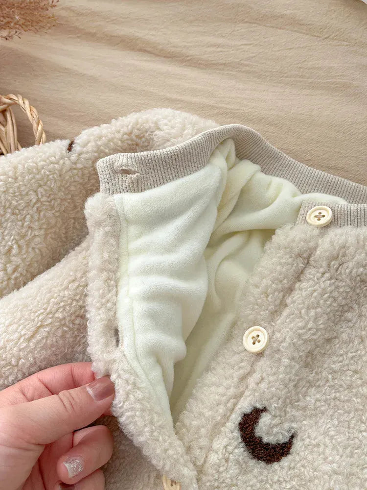 長袖ロンパース ベビーロンパース 月ムーン刺繍ボアフリース長袖ジャンプスーツ【mh0008033】