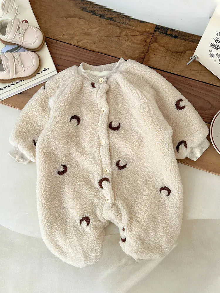 長袖ロンパース ベビーロンパース 月ムーン刺繍ボアフリース長袖ジャンプスーツ【mh0008033】