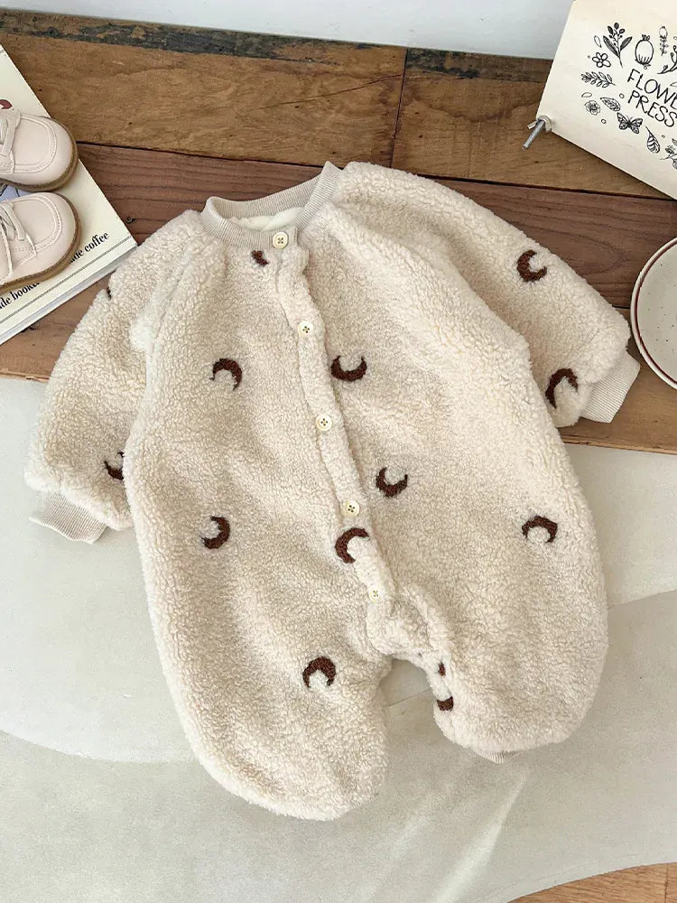 長袖ロンパース ベビーロンパース 月ムーン刺繍ボアフリース長袖ジャンプスーツ【mh0008033】