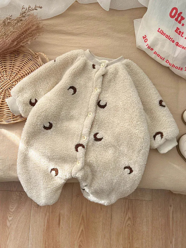 長袖ロンパース ベビーロンパース 月ムーン刺繍ボアフリース長袖ジャンプスーツ【mh0008033】