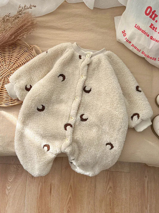 長袖ロンパース ベビーロンパース 月ムーン刺繍ボアフリース長袖ジャンプスーツ【mh0008033】