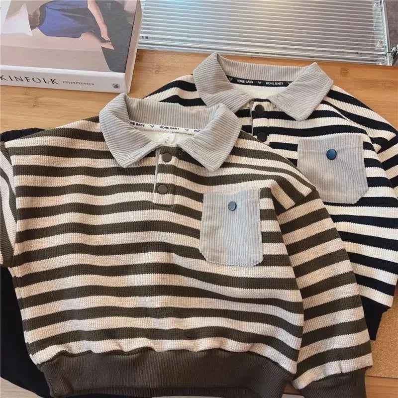 長袖シャツ・ブラウス キッズトップス ボーダー裏フリース長袖ポロシャツ【mh0008036】