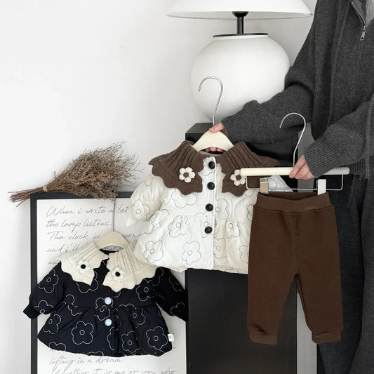 ロングパンツ・スウェットパンツ ベビーアウター レトロ北欧風フラワー刺繍ビッグ襟キルティングジャケットコート【mh0008040】