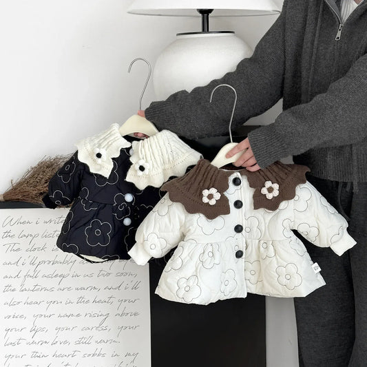 ロングパンツ・スウェットパンツ ベビーアウター レトロ北欧風フラワー刺繍ビッグ襟キルティングジャケットコート【mh0008040】