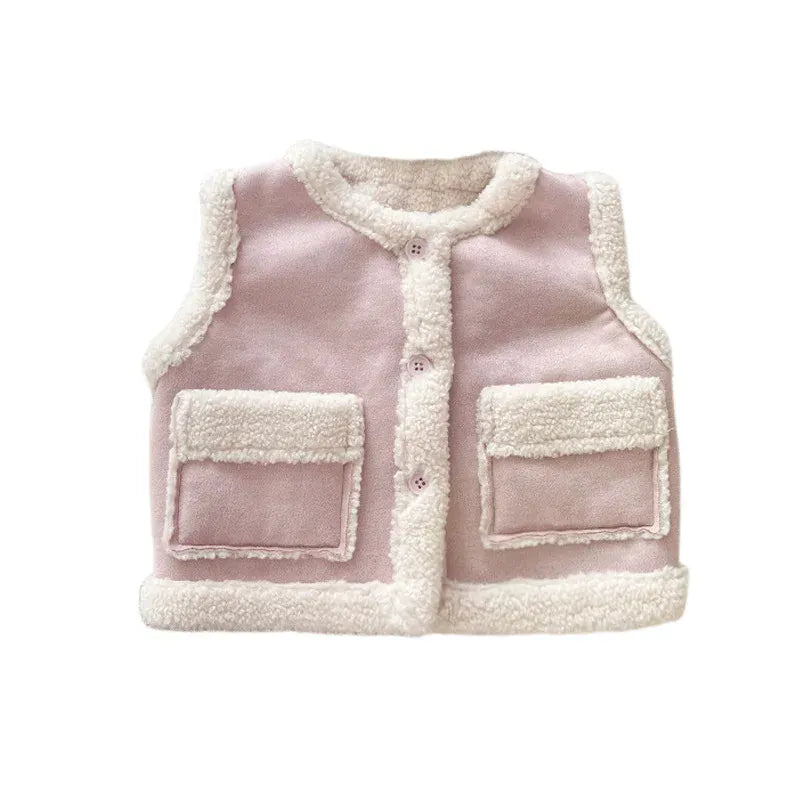 長袖セットアップ ベビーベスト/トップス/パンツ フェイクムートンボアフリースベスト/カラフルネップ長袖ニットセーター/ポンポン付きフリルニットパンツ【mh0008041】