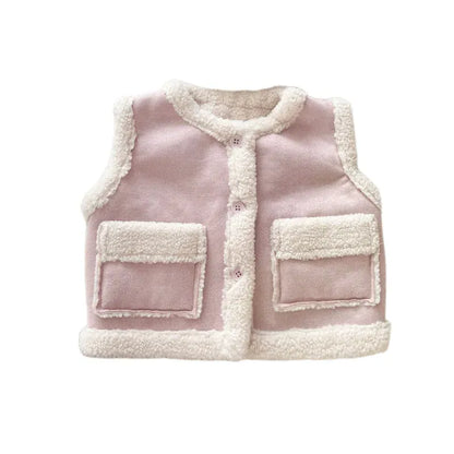 長袖セットアップ ベビーベスト/トップス/パンツ フェイクムートンボアフリースベスト/カラフルネップ長袖ニットセーター/ポンポン付きフリルニットパンツ【mh0008041】