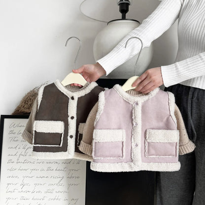 長袖セットアップ ベビーベスト/トップス/パンツ フェイクムートンボアフリースベスト/カラフルネップ長袖ニットセーター/ポンポン付きフリルニットパンツ【mh0008041】