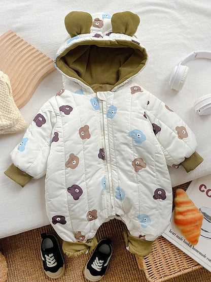 アウタージャンプスーツ ベビーアウタージャンプスーツ くま耳フーディキルティング長袖ロンパース【mh0008047】