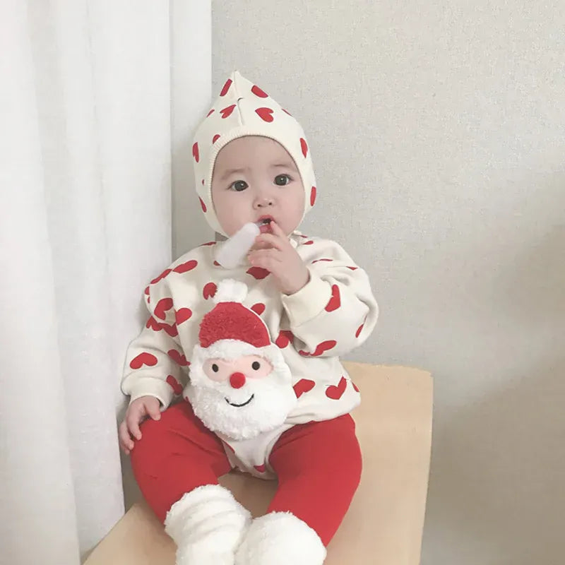 ロンパースセットアップ ベビーロンパース/タイツ クリスマスサンタ長袖ボディスーツ+ボンネット帽子/足つきレギンスパンツ【mh0008055】