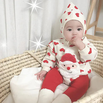 ロンパースセットアップ ベビーロンパース/タイツ クリスマスサンタ長袖ボディスーツ+ボンネット帽子/足つきレギンスパンツ【mh0008055】
