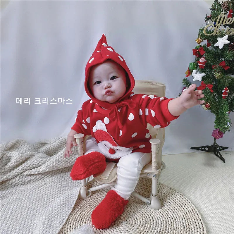 ロンパースセットアップ ベビーロンパース/タイツ クリスマスサンタ長袖ボディスーツ+ボンネット帽子/足つきレギンスパンツ【mh0008055】