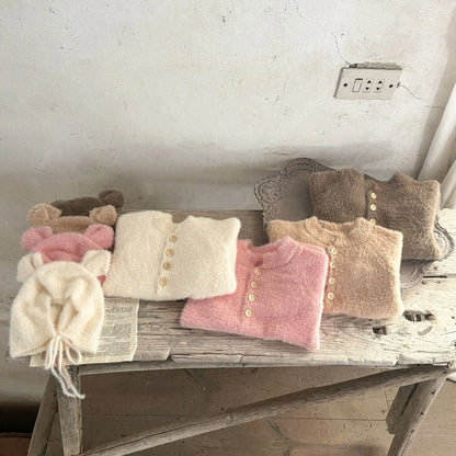 長袖ジャンプスーツ ベビージャンプスーツ+帽子 ぬいぐるみ着ぐるみ足つき長袖ボディーツ+くま耳ボンネットセット【mh0008068】