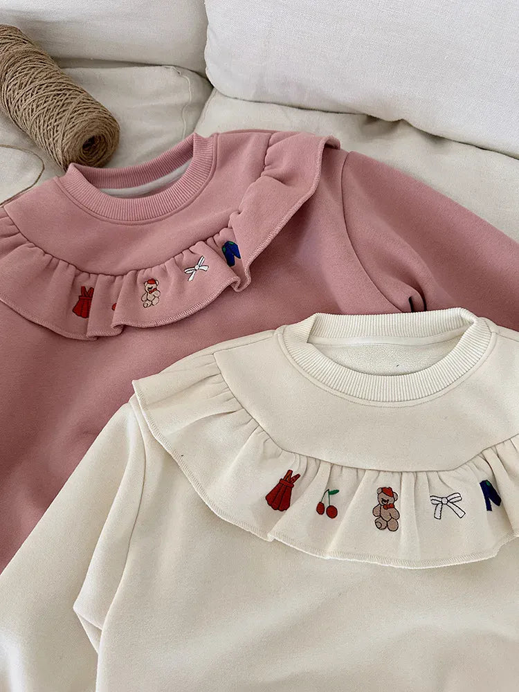 トレーナー・フーディ キッズトップス ラッフルフリル刺繍裏フリース長袖スウェットトレーナー【mh0008081】