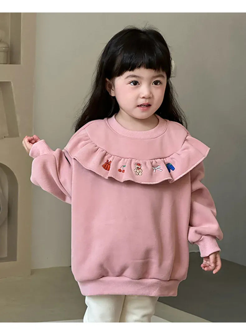 トレーナー・フーディ キッズトップス ラッフルフリル刺繍裏フリース長袖スウェットトレーナー【mh0008081】