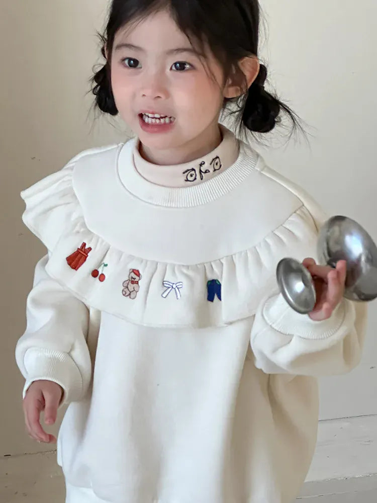 トレーナー・フーディ キッズトップス ラッフルフリル刺繍裏フリース長袖スウェットトレーナー【mh0008081】