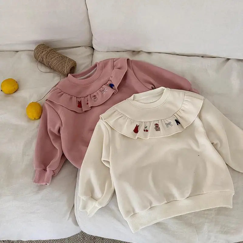 トレーナー・フーディ キッズトップス ラッフルフリル刺繍裏フリース長袖スウェットトレーナー【mh0008081】