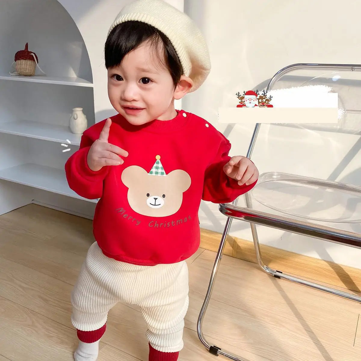 トレーナー・フーディ キッズトップス ベアくまクリスマスカラー長袖スウェットトレーナー【mh0008087】