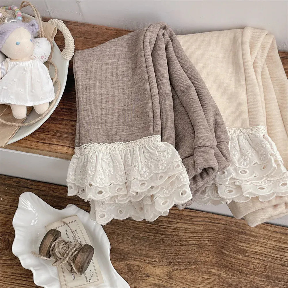 レギンスパンツ ベビーパンツ 裾レース裏フリース厚手ガーリーレギンスパンツ【mh0008092】