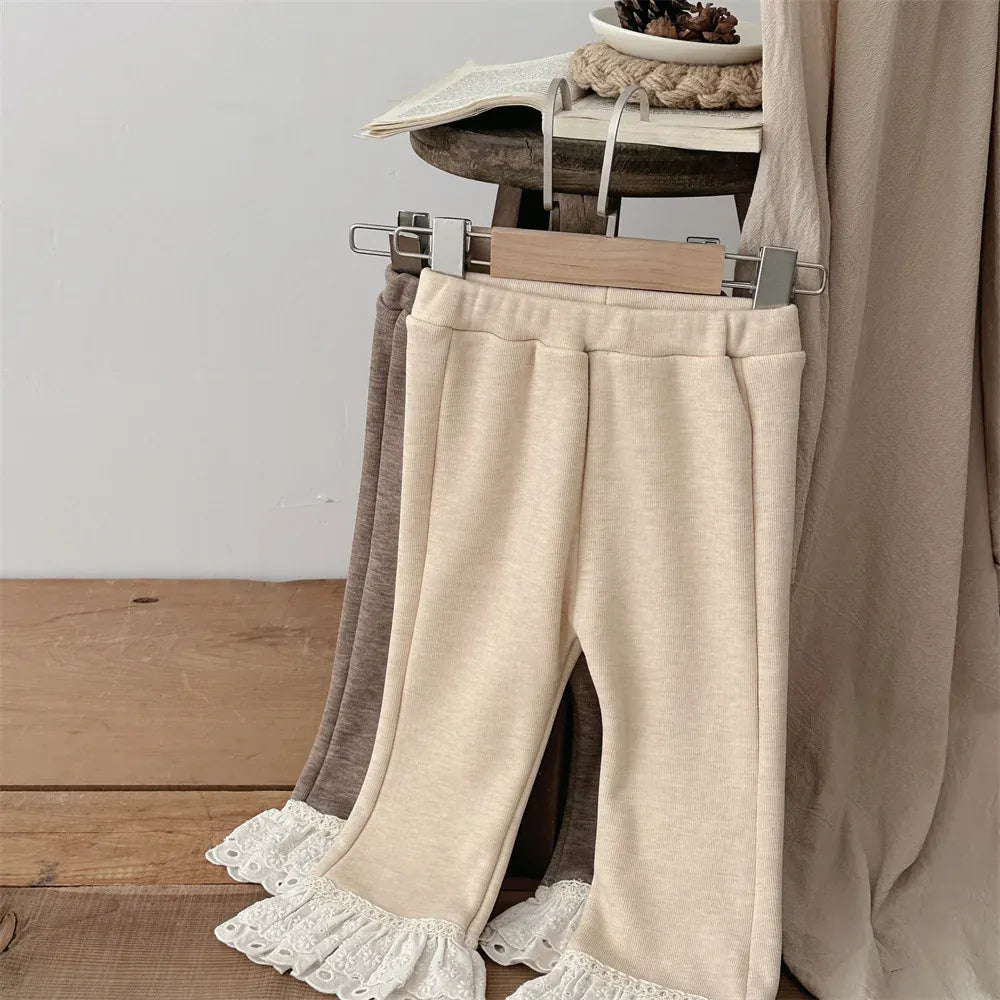 レギンスパンツ ベビーパンツ 裾レース裏フリース厚手ガーリーレギンスパンツ【mh0008092】