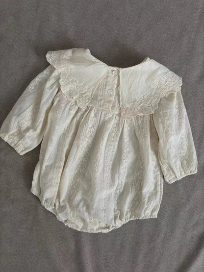 長袖ロンパース ベビーロンパース レース刺繍ビッグラッフル襟長袖ボディスーツ【mh0008114】