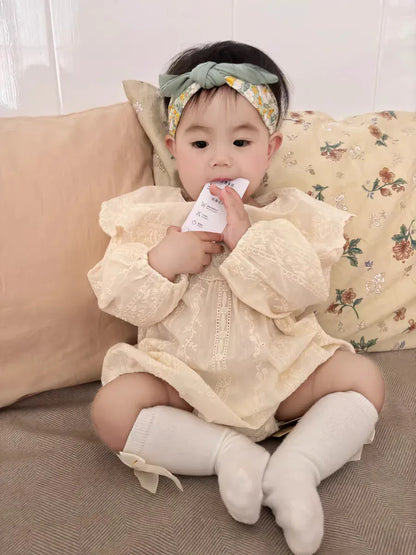 長袖ロンパース ベビーロンパース レース刺繍ビッグラッフル襟長袖ボディスーツ【mh0008114】